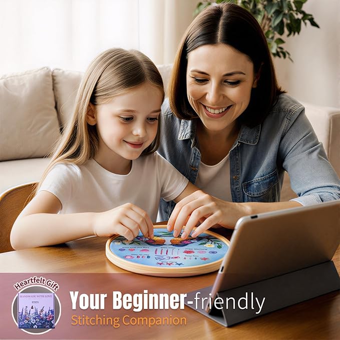 ETSPIL Beginner Embroidery Kit for Teens & Adults - 3-Pack, 19 Stitches, Pre-Stamped Patterns, Needle Minder, 7.8-Inch Hoop, Threads & Needles, Guide & Video - DIY Craft Gift for Women