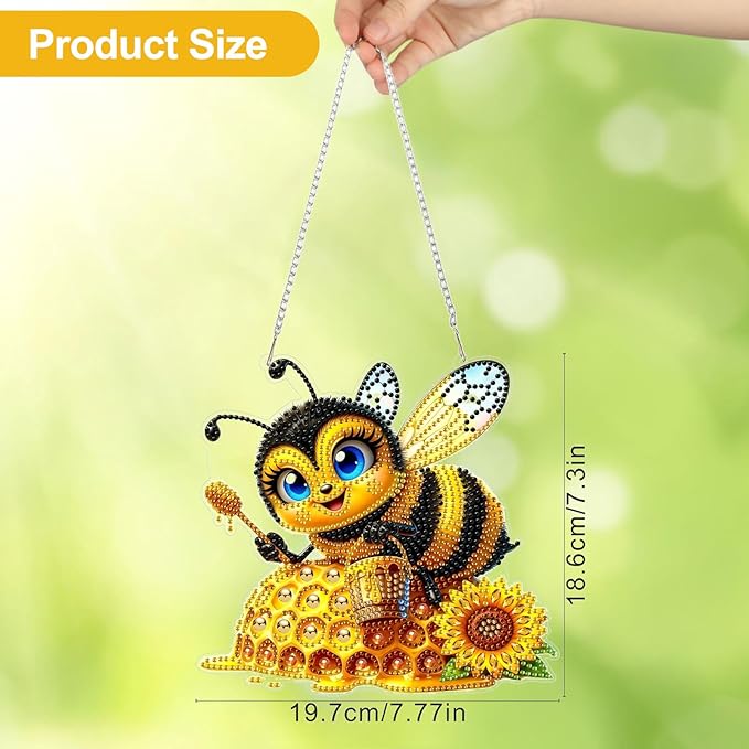 CEOVR Bee Hanging Diamond Art for Adults, Bee Honey Diamond Painting Pendant DIY Gem Art Wall Hanging Ornament, Acrylic Home Garden Decor with Chain, Box Kit 7.77×7.3inch