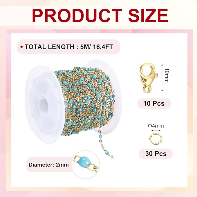MECCANIXITY Stainless Steel Bead Chain, 16.4 Feet/5M Enamel Beaded Jewelry Link Cable Chains Spool Kit for Jewelry Making, Necklace, Bracelets, DIY Crafts (Gold/Lake Blue, Pack of 1)