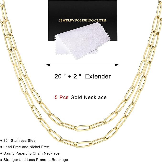 5 Pcs Paperclip Chain Necklace for Women 20 Inch Stainless Steel Gold Charm Necklace Chains Adjustable Link Chains with Lobster Clasps Polishing Cloth for DIY Women Jewelry Making Gifts Supplies