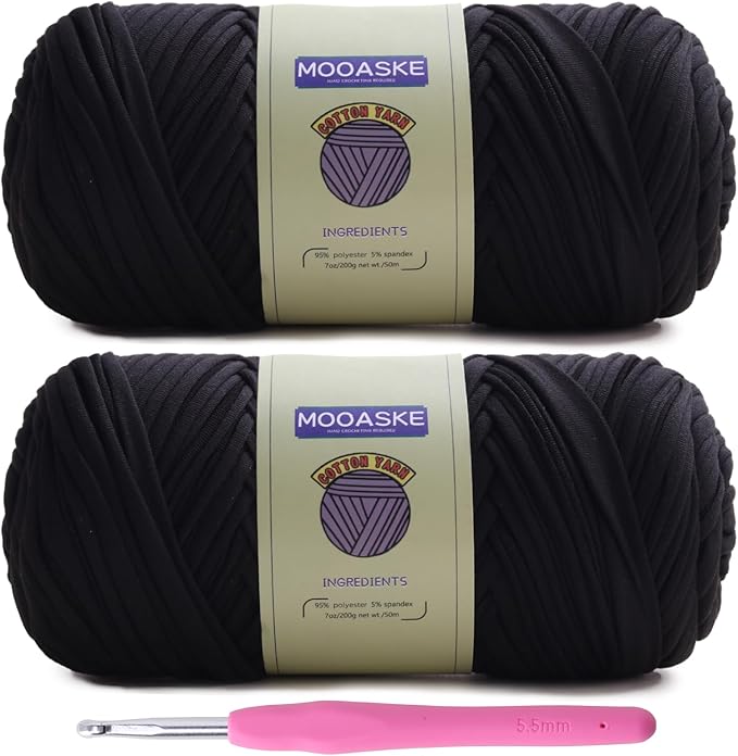 2 Pack T-Shirt Crochet Yarn for DIY Knitting Crochet Cloth Blanket Bag Dolls - 400g Chunky Thick Yarn for Crocheting with Polyester-Spandex Blend Elastic Fabric (Black)