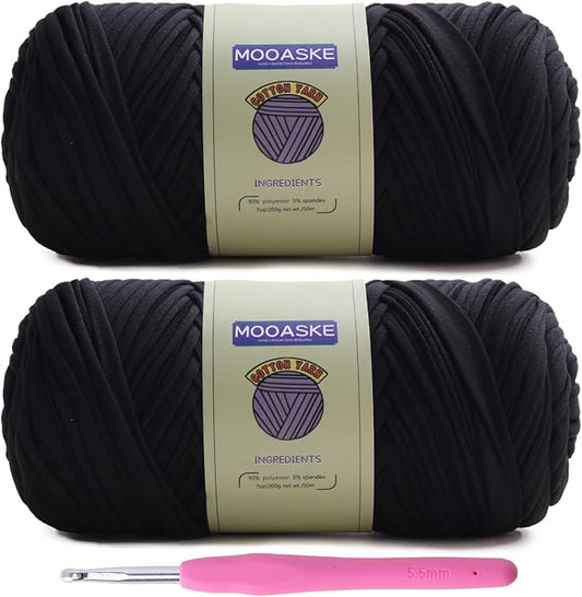 2 Pack T-Shirt Crochet Yarn for DIY Knitting Crochet Cloth Blanket Bag Dolls - 400g Chunky Thick Yarn for Crocheting with Polyester-Spandex Blend Elastic Fabric (Black)
