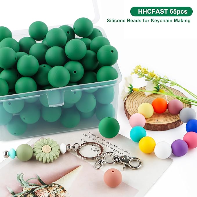 65Pcs 19mm Silicone Beads for Keychain Making Bracelet Necklace, Bulk Round Silicone Beads for Pens（Christmas Green）