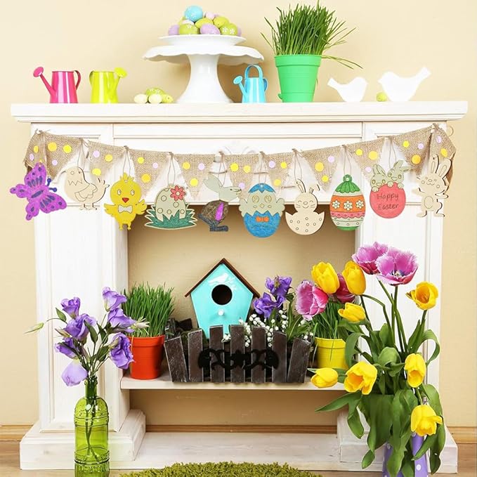 SDTHNT 60 PCS Wooden Easter Ornaments to Paint, 12 Styles DIY Unfinished Wood Crafts Kit with Strings, Colored Bells for Crafts Hanging Decorations, Egg Rabbit Bunny Butterfly Flower Hen Happy Easter