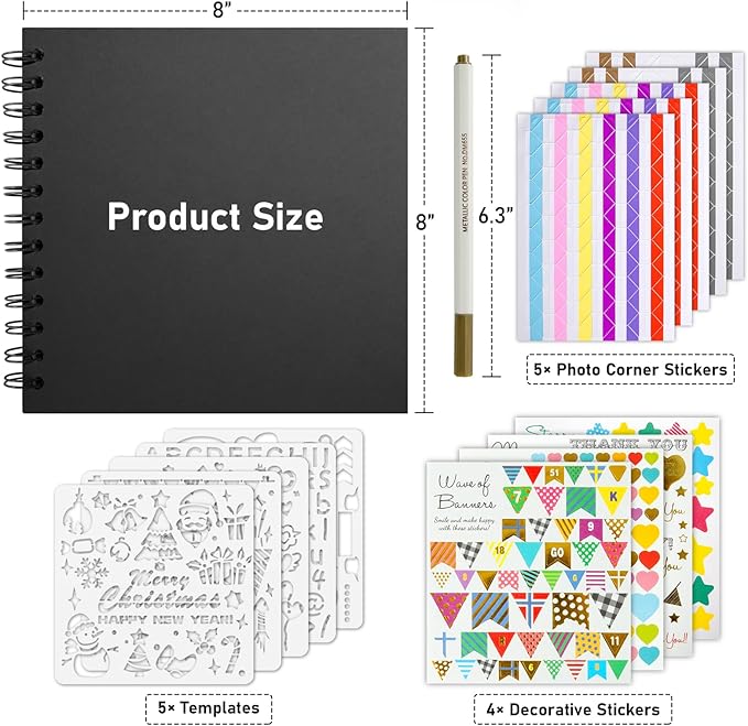 GOTIDEAL 8 x 8 Inch Scrapbook Album with Metallic Marker,40 Pages Kraft Paper Photo Albums for Wedding&Anniversary,Family DIY Scrap Books with Scrapbooking Stickers Corners(Black)