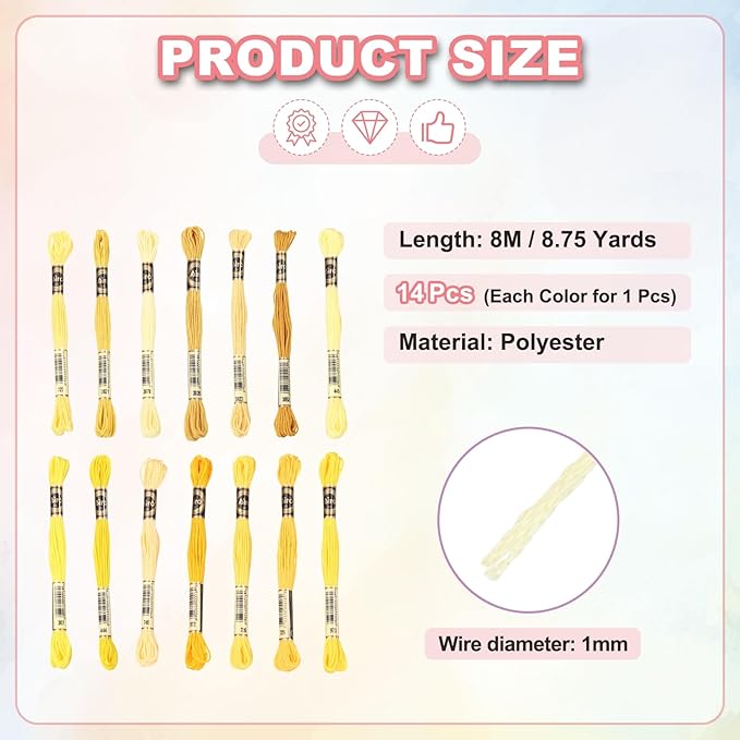 PATIKIL 14 Skeins Embroidery Floss, Polyester Embroidery Threads Bracelets String for Cross-Stitch Hand Embroidery, Multicolored Yellow