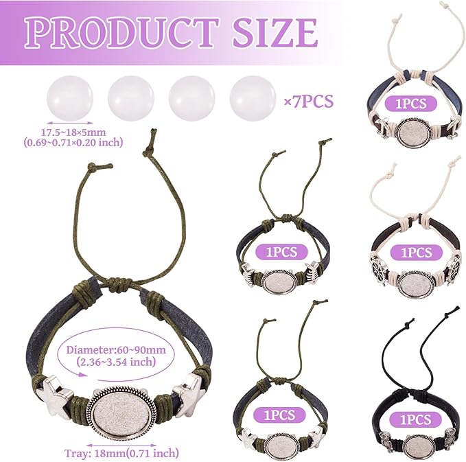 FASHEWELRY 5Pcs Cowhide Leather Cord Bracelet Bezel Tray Blank Bangle Base Settings 18mm Adjustable Round Cabochon Tray Bracelet for Jewelry Making