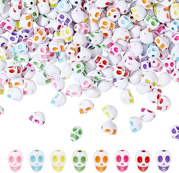 arricraft 555 Pcs Skull Beads, Colorful Resin Spooky Charms Pendants Skull Halloween Head Seeds Beads with Hole for Bracelet Necklace Jewelry DIY Craft Making