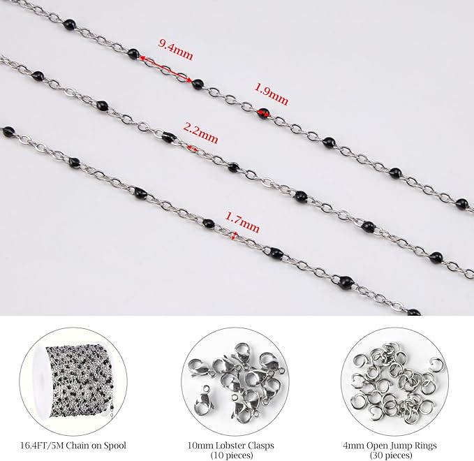 KYUNHOO 16.4FT/5M Black Enamel Beaded Chain for Jewelry Making Silver Cable Link Roll Stainless Steel Jewelry Chain for Necklace Bracelet DIY