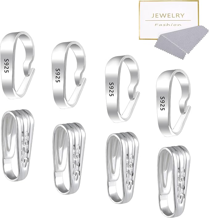 Silver Necklace Pendant Clasp, 8 Pcs Bulk Necklace Pendant Pinch Bail Jewelry Clasps Bracelet Charms Connector Sterling Silver Findings Pinch Clips Snap Bails for Jewelry Making