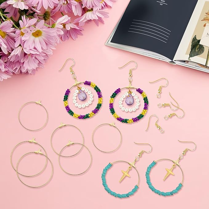 390pcs earring making kit jewelry making supplies bulk earring findings with round beading hoops,earring hooks,jump rings,earring backs for diy craft earring jewelry making(k gold)
