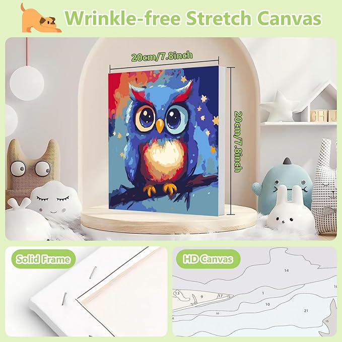 Reivworl Paint by Numbers Kit for Kids with Frame and Easel, Owl Paint by Number for Kids Age 6-8-12, Acrylic Paint by Numbers for Gifts and Home Decor (8X8inch)