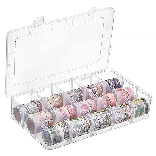 BTSKY 1 PCS Plastic Washi Tape Organizer, Adjustable 15-Grid Compartment Washi Tape Storage Case, Clear Sticker Storage Box for Scrapbook Organizers and Storage, Universal Jewelry Box Bead Organizer