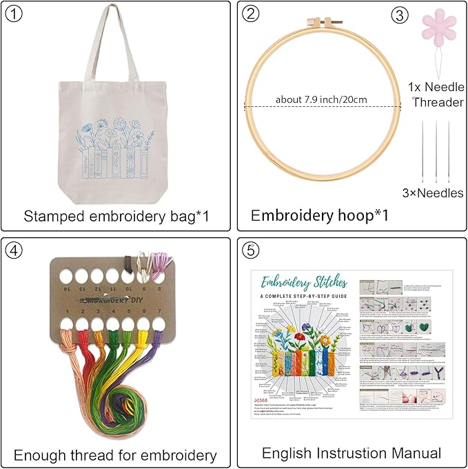 louise maelys embroidery kit canvas tote bag for beginners,cross stitch kits for adults,diy books flowers pattern,women shopping reusable grocery bags