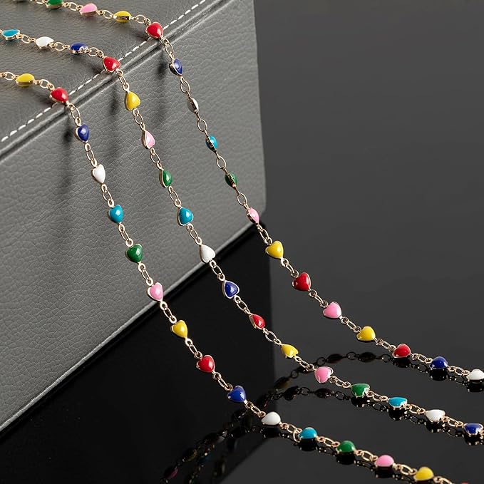 YOUBEIYEE 3 Meters Mixed Color Heart Chains Necklace DIY Gold Plated Chain for Jewelry Making Funny Enamel Bead Chain Decoration Chains Bulk