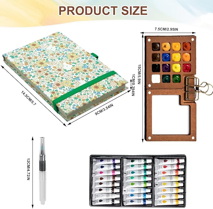 Mini Watercolor Paint Set, Pocket Watercolor Set with 24 Colors Paint, Portable Watercolor Travel Kit for Artists, Beginners & Outdoor Painting, Compact Wooden Palette & Sketchbook in Storage Bag