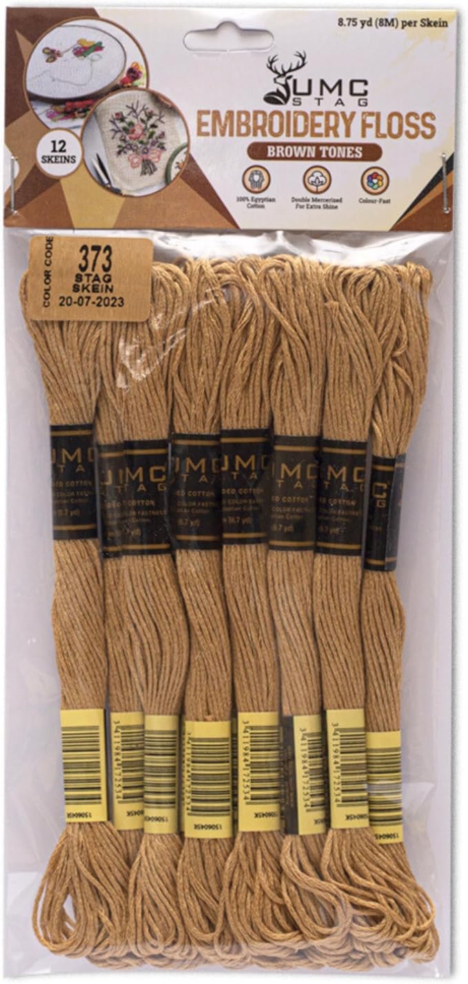 Pack of 12 Premium Embroidery Thread | 100% Egyptian Cotton Premium Skeins | Cross Stitch Embroidery Floss | Oeko TEX Certified Stranded Cotton | Ideal for Arts & Crafts (Hazelnut Brown 373)