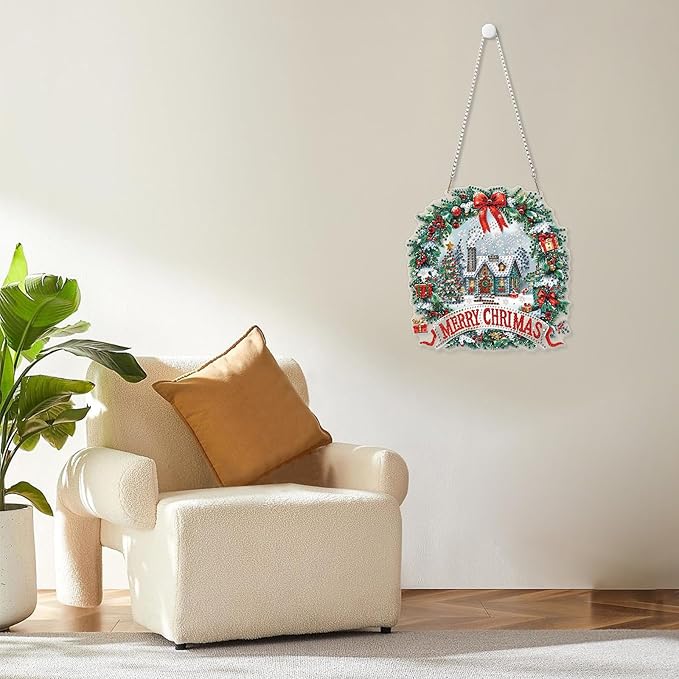 MOGTAA Christmas Diamond Art Hanging Kits for Adults Kids, Christmas Wreath Diamond Art Suncatchers, 5D Special Shape Winter Diamond Painting Window Pendant Kit for Home Garden Wall Decor