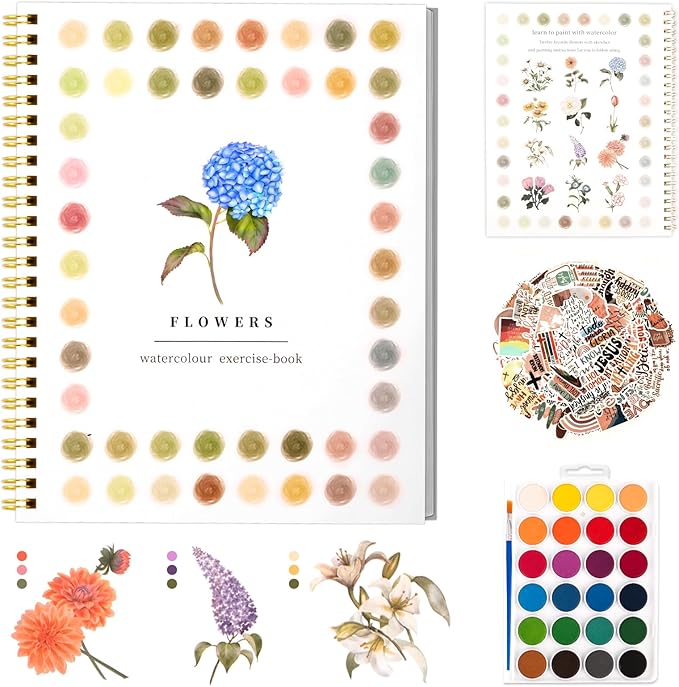 Watercolor Workbooks ，24 Colors Water Books Paint Set，Watercolor Coloring Book for Beginners Art Crafts Painting Kit Nature Scenes Paint Set for Creative Exploration Gift for Adults Teens (Flowers)