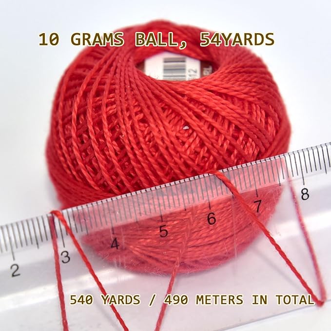 Double Mercerized Egyptian Long Staple Cotton Pearl Thread Ball 10 Grams Rainbow Color Embroidery Thread 10 Colors per Box for Crochet Hardanger Cross Stitch Hand Embroidery,red Green