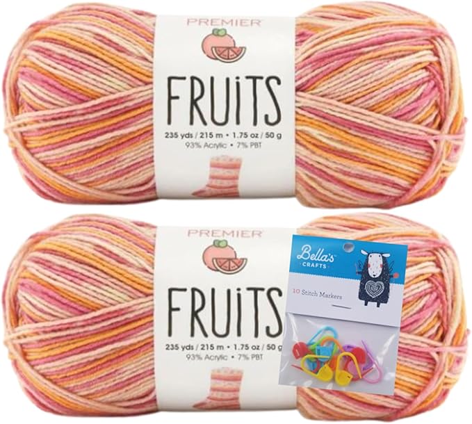 Premier Yarns Fruits, Acrylic Sock Yarn, 2-Pack Bundled with Bella's Crafts Stitch Markers (Pink Grapefruit)