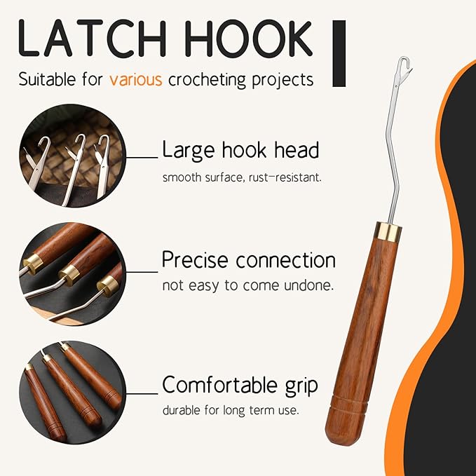 Giwrmu Latch Hook Tool, 3 Pcs Wooden Bent Latch Hooks, Crochet Hooks for Hair, Latch Hook Crochet Needle for Micro Braids, Hair Extension and Carpet Craft