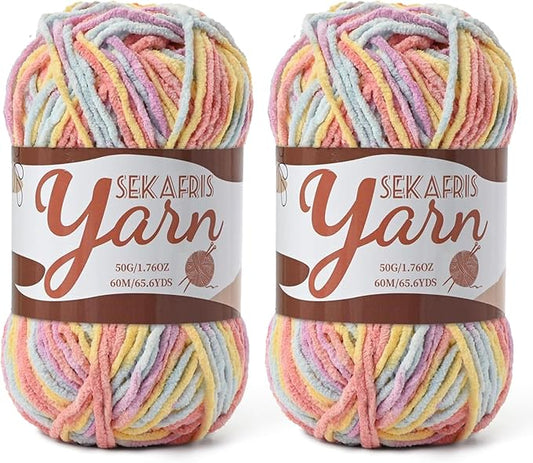 2 Pack Fluffy Velvet Yarn for Crocheting，Baby Blanket Yarn for Crocheting Soft，100g(131yds) Amigurumi Yarns，Plush Chenille Crochet Yarns，Puzzle Yarn for Crochet Weaving Craft(2 Macaron)