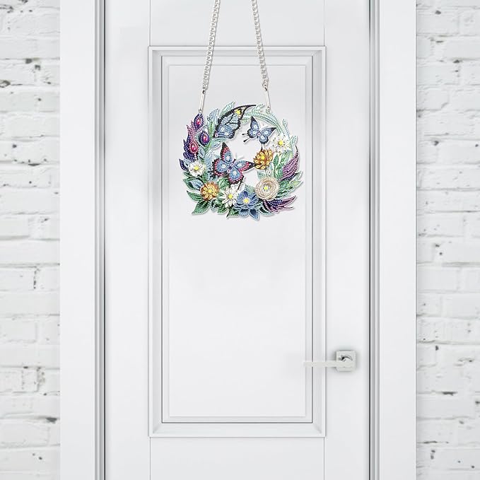Flower Birdcage Design DIY Diamond Art Painting Wreath Kits Special Shaped Rhinestone Diamond Art Window Pendants Home Garden Wall Hanging Kits (Single Side Point Drill) (#11-Cat) (#12-Butterfly)