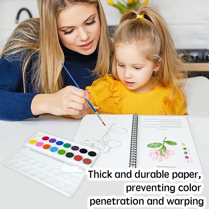 SLWBZ Watercolor Workbook Flower Plants, 15 Different Patterns of Original DIY Designs, 16 Color Watercolor Paint Plates with Palette and Brush, Beginner-Friendly Watercolor Workbooks, Plants