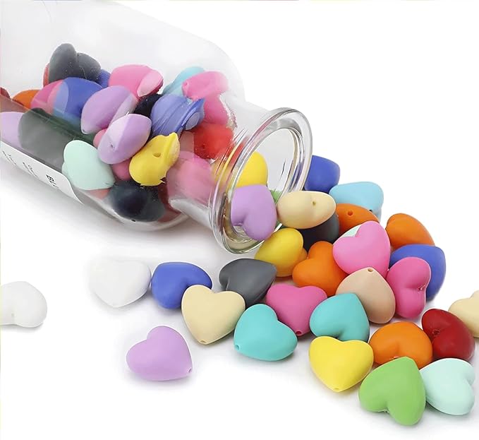 40PCS Heart Silicone Beads Mix Color Silicone Beads Bulk Spacer Beads Colorful Shaped Beads for DIY Craft Garland Keychain Lanyard Necklace Bracelet Jewelry Making Accessories Handmade Crafts