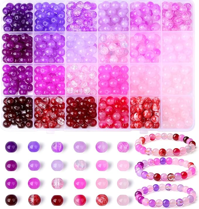 DUQGUHO 8mm Pink Purple and Red Beads for Bracelets Glass Beads for Jewelry Making 24 Colors Round Beads Bulk 520PCS