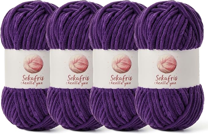 4 Pack Chunky Chenille Yarn for Crocheting, Baby Yarn for Crocheting Soft Blanket, 349.9 yds /14.1 oz Crochet Yarn, Bulky 5 Amigurumi Yarns, Fluffy Velvet Yarns for Knitting Crafts (4 Violet)