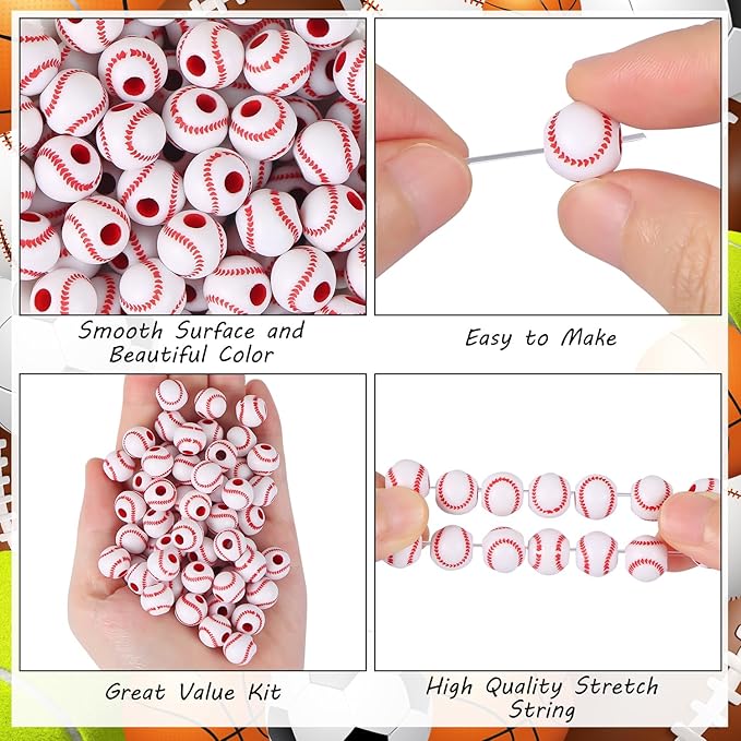 100pcs Baseball Beads with 5.5 Yard Elastic Rope,Acrylic Softball Beads Sports Bead DIY Spacer for Necklace Bracelet Keychains Handmade Jewelry Making Accessories Craft Supplies,12mm(White)