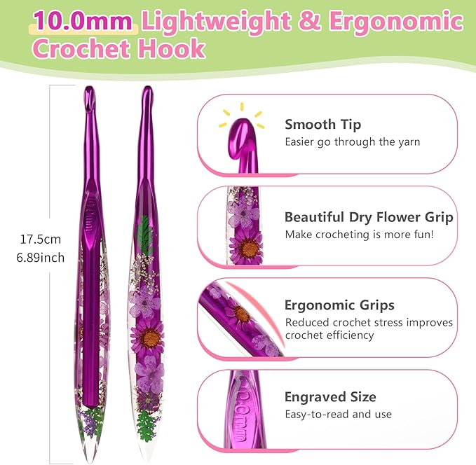 Katech 10mm Crochet Hooks with Floral Pattern-Elegant &Unique Crochet Needles-Longer Smooth Glide Crocheting Hook for Arthritic Hands, Beginners & Professional Ideal Crochet Gift(N)