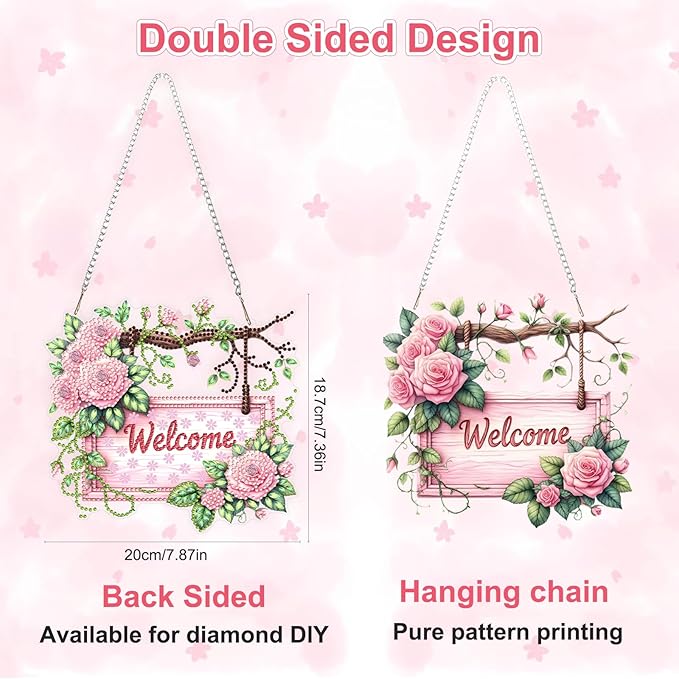 Roses Flower Diamond Art Hanging Ornaments Kits for Adults, Spring Diamond Painting Pendant Kits, DIY Acrylic 5D Special Shaped Crystal Gem Art Painting Ornament for Home Wall Decor Gift 8x8 Inch