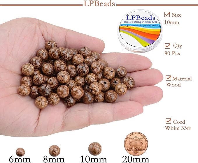 LPBeads 80Pcs Polished 10mm Round Natural Wood Gemstone Loose Beads with Stretch Cord for Jewelry Making Bracelets