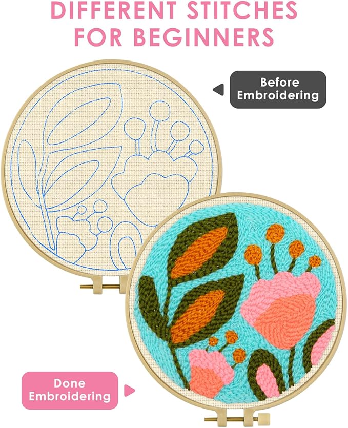TINDTOP Punch Needle Kits, Tulip Punch Embroidery Kits for Adults Beginner, Tool with Punch Needle Fabric, Hoops, Yarns and Sewing Needles
