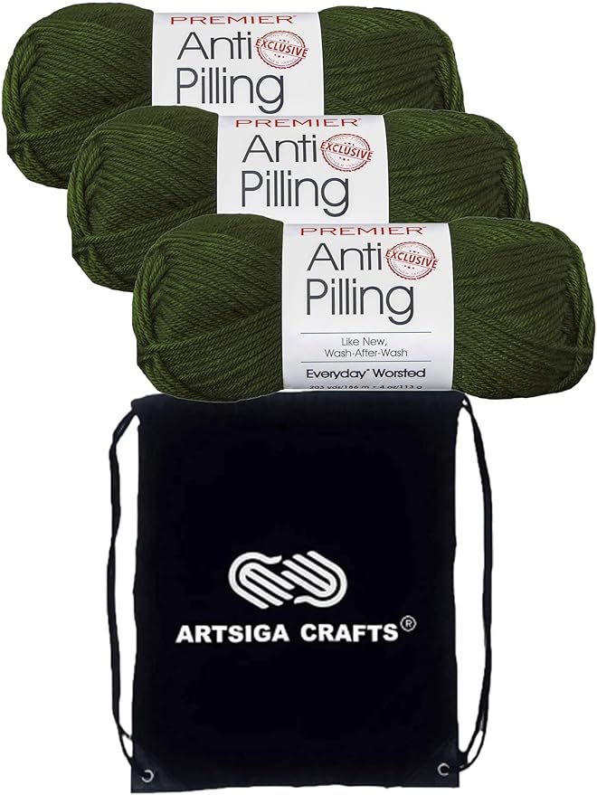 Premier Yarns Everyday Anti-Pilling Solid Pine Green DN100-8 (3-Skeins - Same Dye Lot) #4 Worsted Weight Acrylic Yarn for Crocheting and Knitting with Project Bag