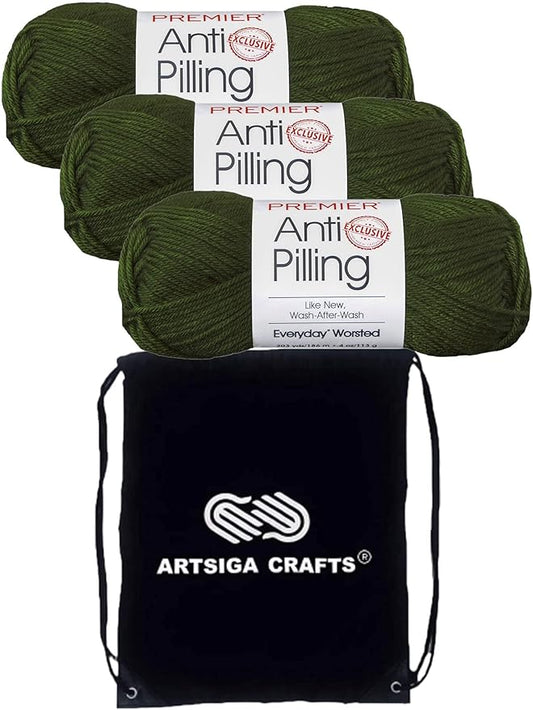 Premier Yarns Everyday Anti-Pilling Solid Pine Green DN100-8 (3-Skeins - Same Dye Lot) #4 Worsted Weight Acrylic Yarn for Crocheting and Knitting with Project Bag
