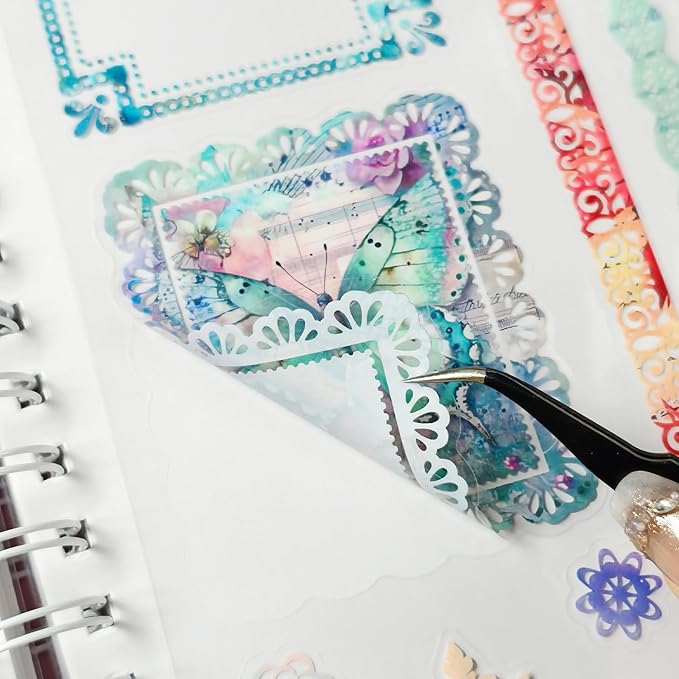 130 Pcs Pastel Fade-Resistant Lace Scrapbook Stickers - Vintage Colorful Butterfly Feather Embellishments, Waterproof Reusable DIY Decor for Journal Wedding Photo Album Craft Gift Seasonal Projects