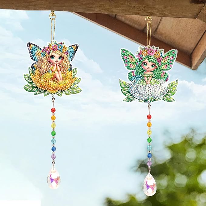 LazyFold 2 Pcs Diamond Painting Wind Chime Kits,Flower Fairy DIY Diamond Art Painting Wind Chime Kits Crystal Art Suncatchers for Adults Home Garden Window Craft Gift