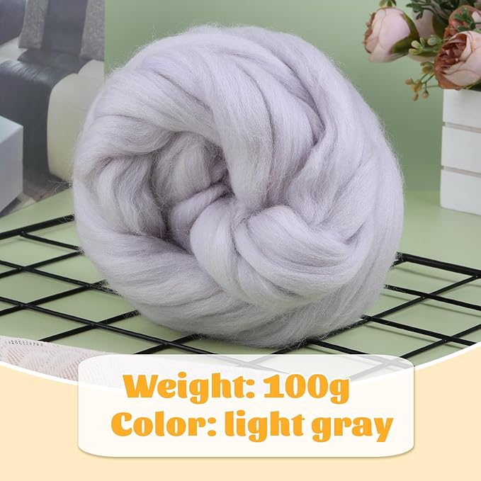 3.53oz Wool Roving, Fiber Roving Wool Top, Needle Felting Supplies, Pure Wools, Chunky Yarn, Spinning Wools for Needle Felting Wet DIY Hand Spinning (Grey)