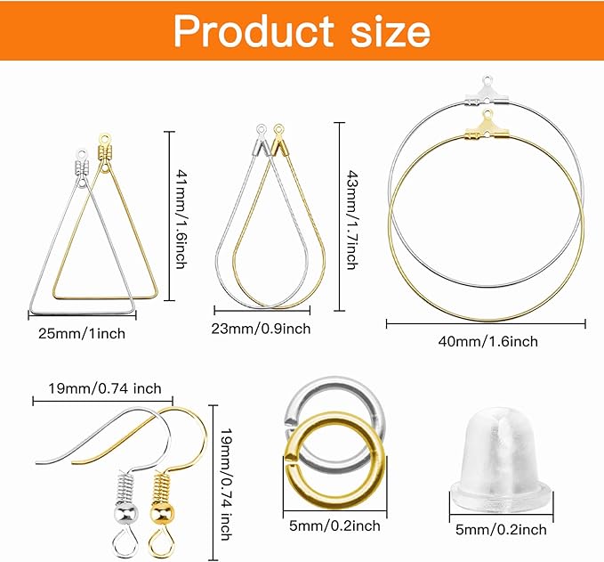 oubaka 720pcs earring making kit earring hoops for jewelry making, with teardrop triangle round beading hoop,earrings hooks,jump rings,earrings backs for diy craft(k gold,white k)
