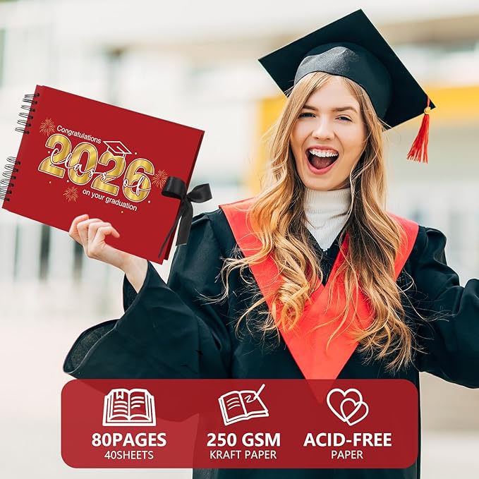 80 Pages Graduation Scrapbook Kit 11 x 8 Inch Photo Album of 2026 Graduation Decoration with 12 Metal Pens and 4 Sheets Stickers for DIY School Congrats Grad Memory Book to Sign(Red)