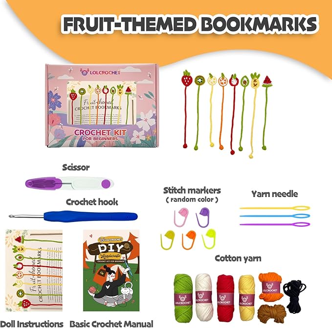 LOLCROCHET Crochet Kit for Beginners, 8pcs Fruit-Themed Learn Bookmarks Crochet Starter Set with Video Tutorial & Manual, Easy Yarn Knitting Kit for Adults, DIY Xmas Holiday Crocheting Gift