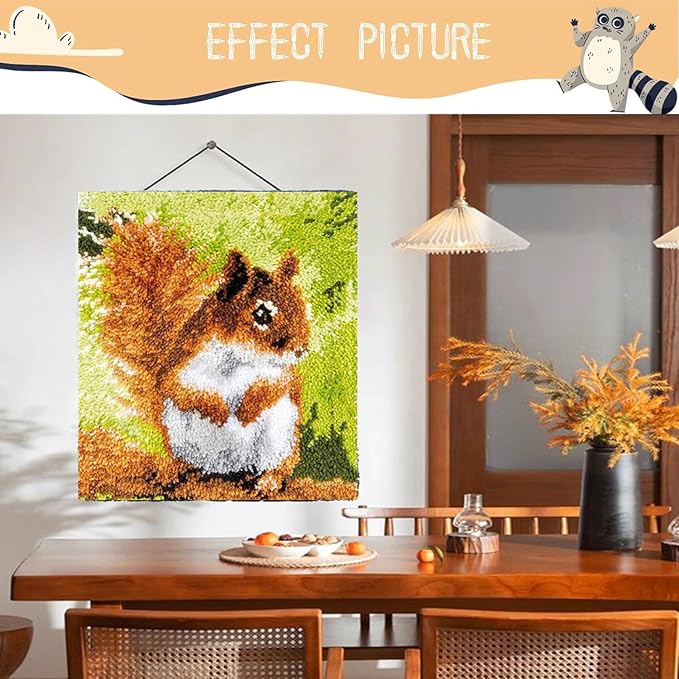 EMISTEM DIY Latch Hook Rug Kits, Gift Packaging Crochet Tapestry Yarn Kits, Pre-Printed Canvas, Needlework Unfinished Crocheting Mat Yarn Embroidery Carpet Set, (Cute Squirrel,20x15)