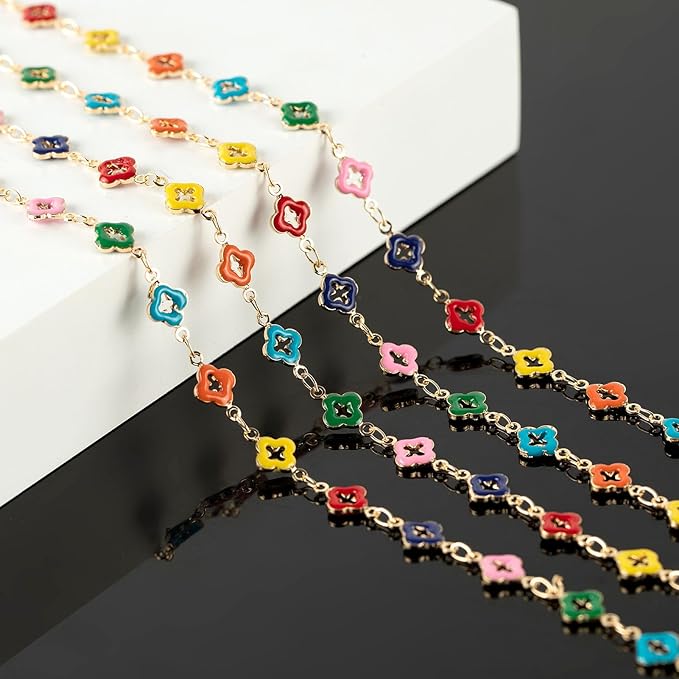 KYUNHOO 3M Four Leaf Clover Jewelry Making Chains Gold Plated Brass Chain Roll Multicolored Oil Drip Flower Necklace Chain Bulk Jewelry Findings