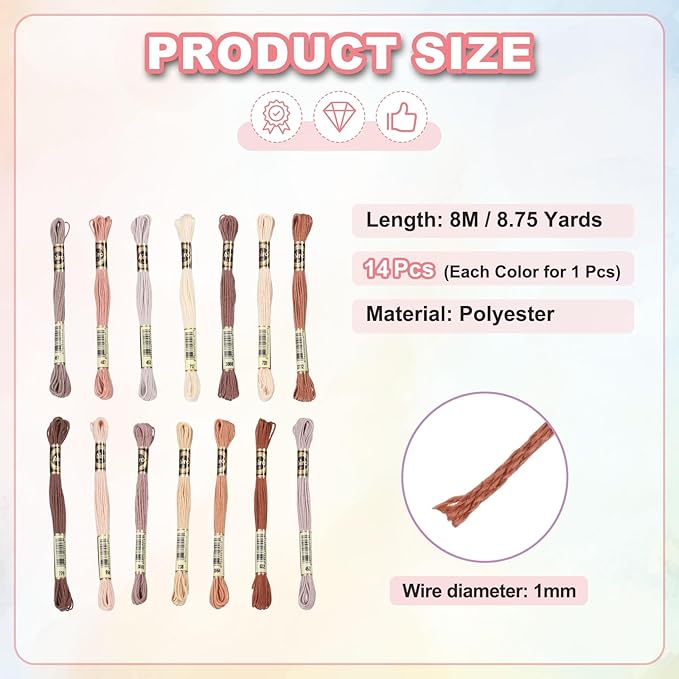 PATIKIL 14 Skeins Embroidery Floss, Polyester Embroidery Threads Bracelets String for Cross-Stitch Hand Embroidery, Multicolored Beige Brown