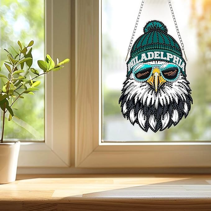 Weadatty DIY Diamond Art Hanging Kit for Adult,Football Style Acrylic Diamond Art Painting Window Pendants Home Garden Wall Hanging Kits Hanging Ornament,Single Sided(Philadelphia Green)