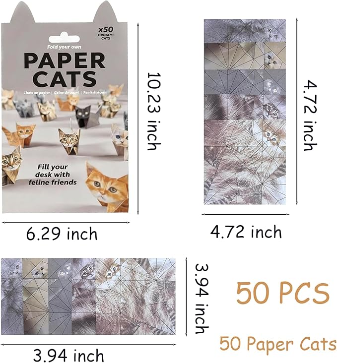 Paper Cats -3D DIY Origami Paper Cats,50 Sheets Origami Paper for Making Cute Origami Cat Fun Art Craft Project for Adults, Desk Decor Gift for Cat & Pet Lovers